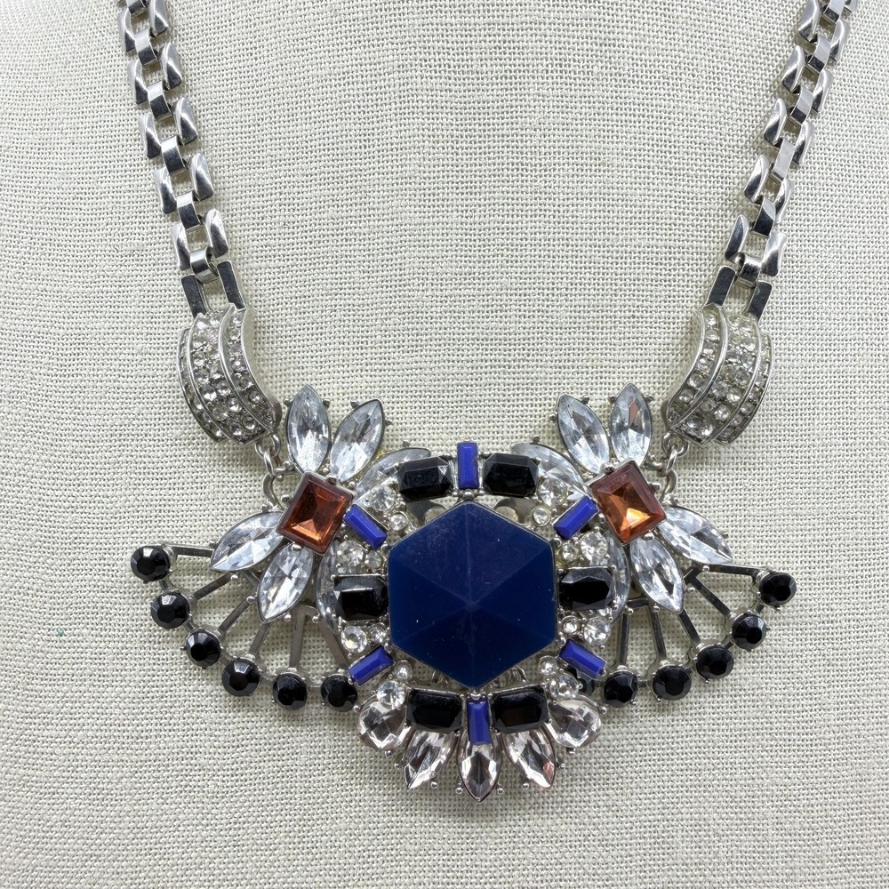 Statement Necklace Silver Tone Blue Black Stone Art Deco Fan Chunky Boho Gift